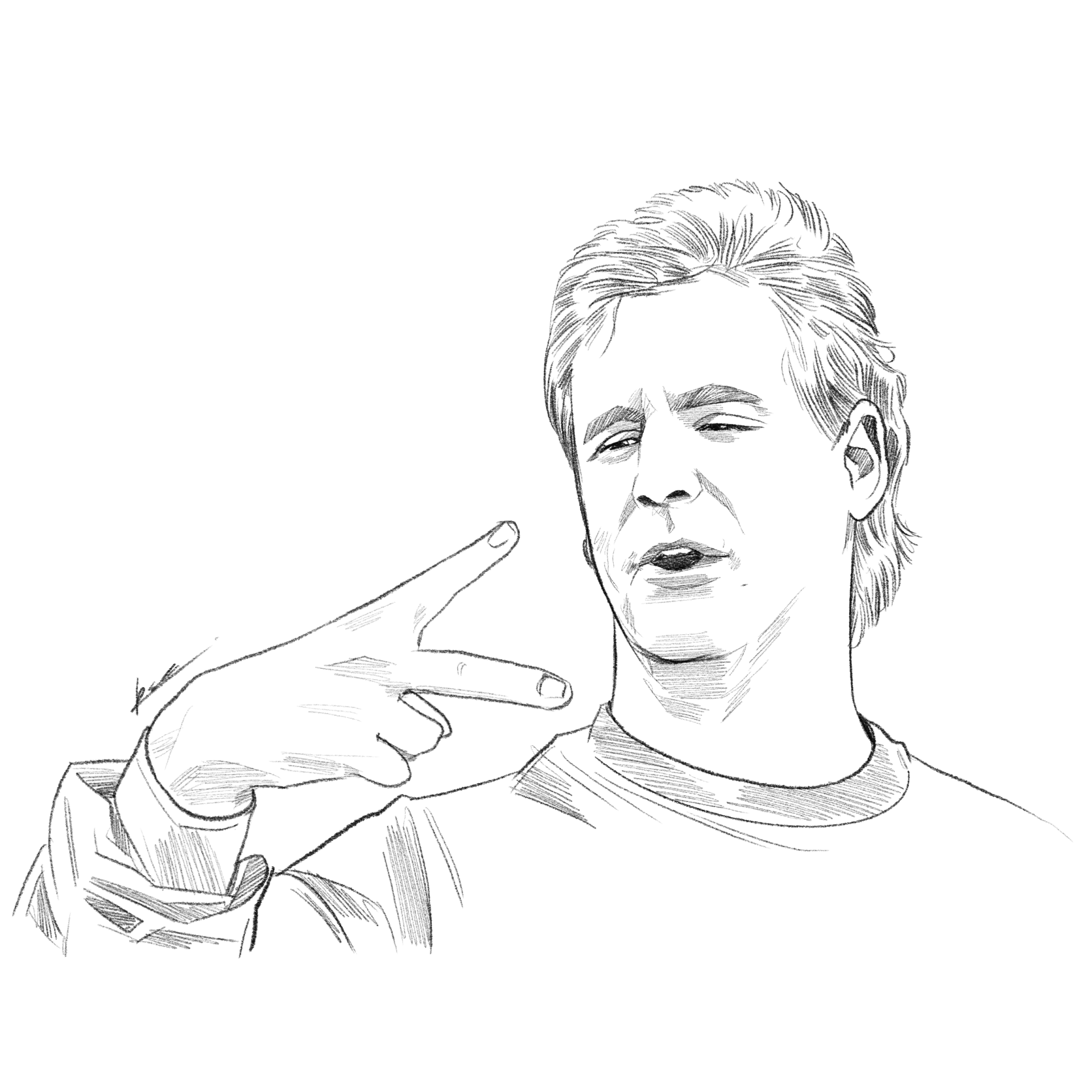 Drawing of a man gesturing scissors with his hand