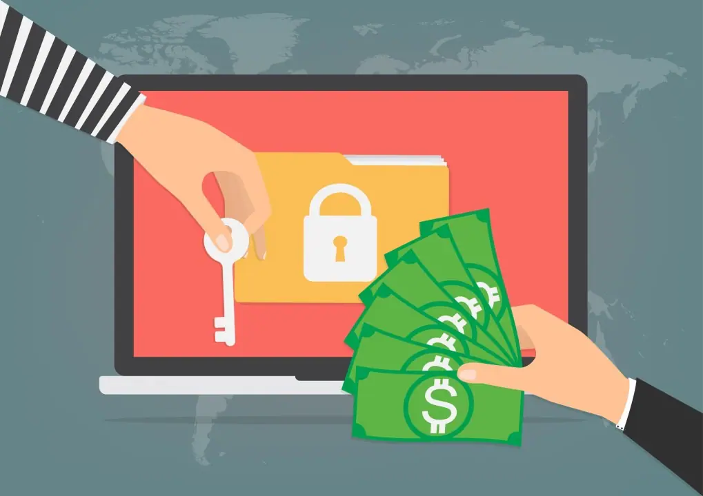 Cartoon illustration of a computer with locked files and two hands exchanging money for a key