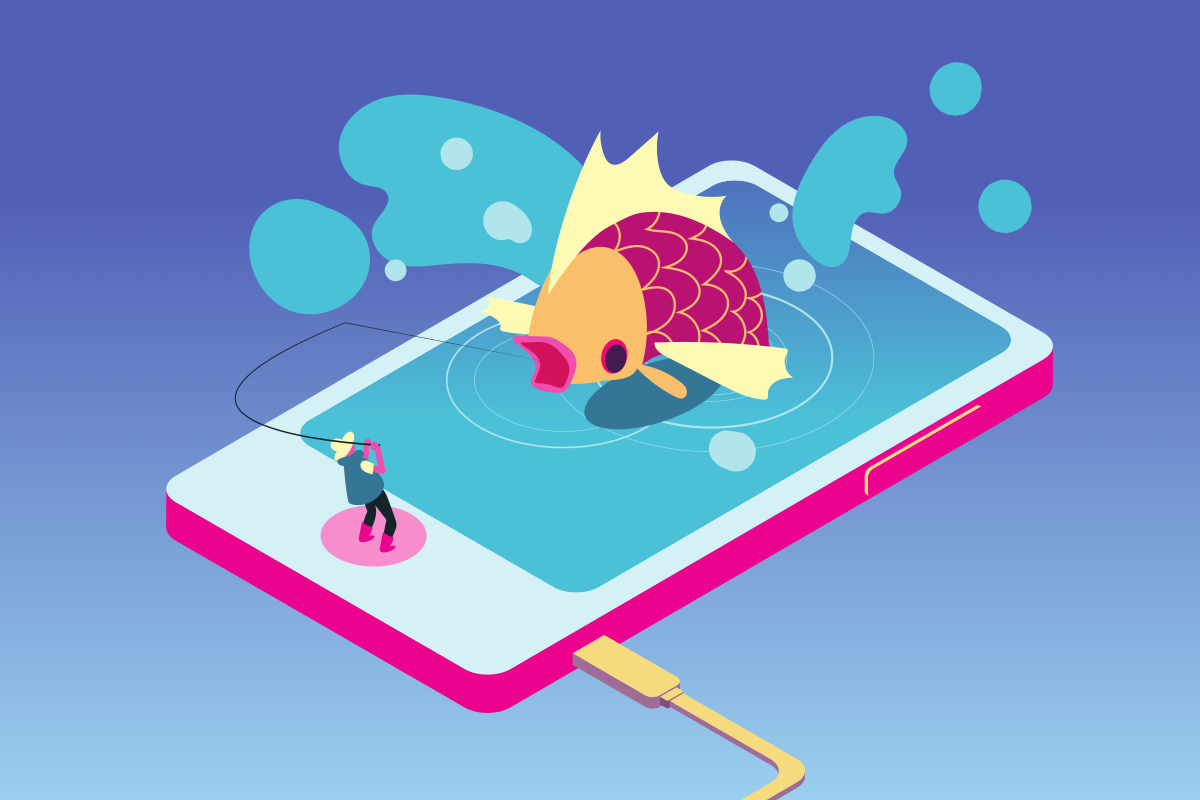 Illustration of a fisherman reeling in a giant fish from a smartphone screen, representing the need for Saskatoon IT services.