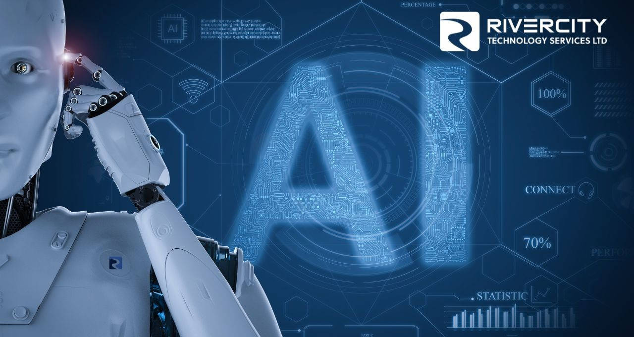Banner with large letters "AI" and a futuristic robot