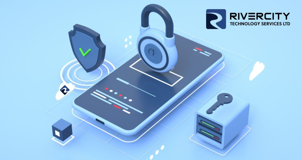 Isometric illustration of a smartphone with a padlock, shield and key