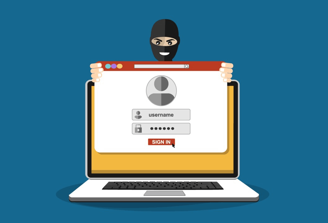 Cartoon illustration of a cyber-criminal holding a login screen