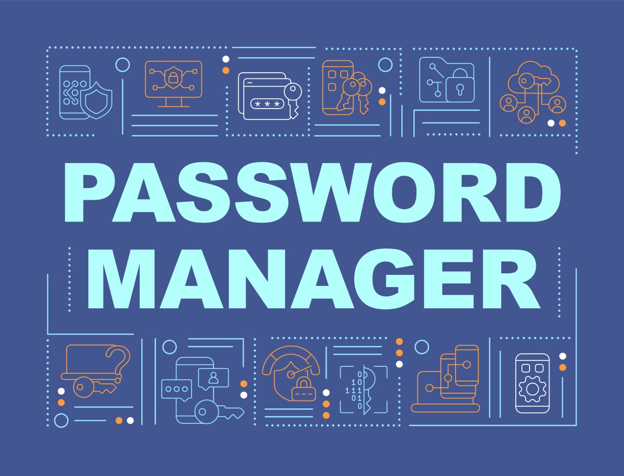 Blue graphic with the text "PASSWORD MANAGER"