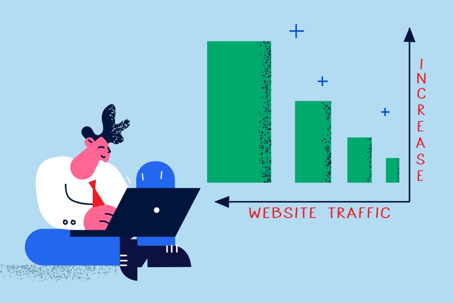 Managed Web Hosting Concept with an illustrated person next to a graph depicting increase of website traffic