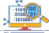 Icon of a magnifying glass inspecting binary code on a computer screen