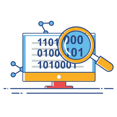 Icon of a magnifying glass inspecting binary code on a computer screen