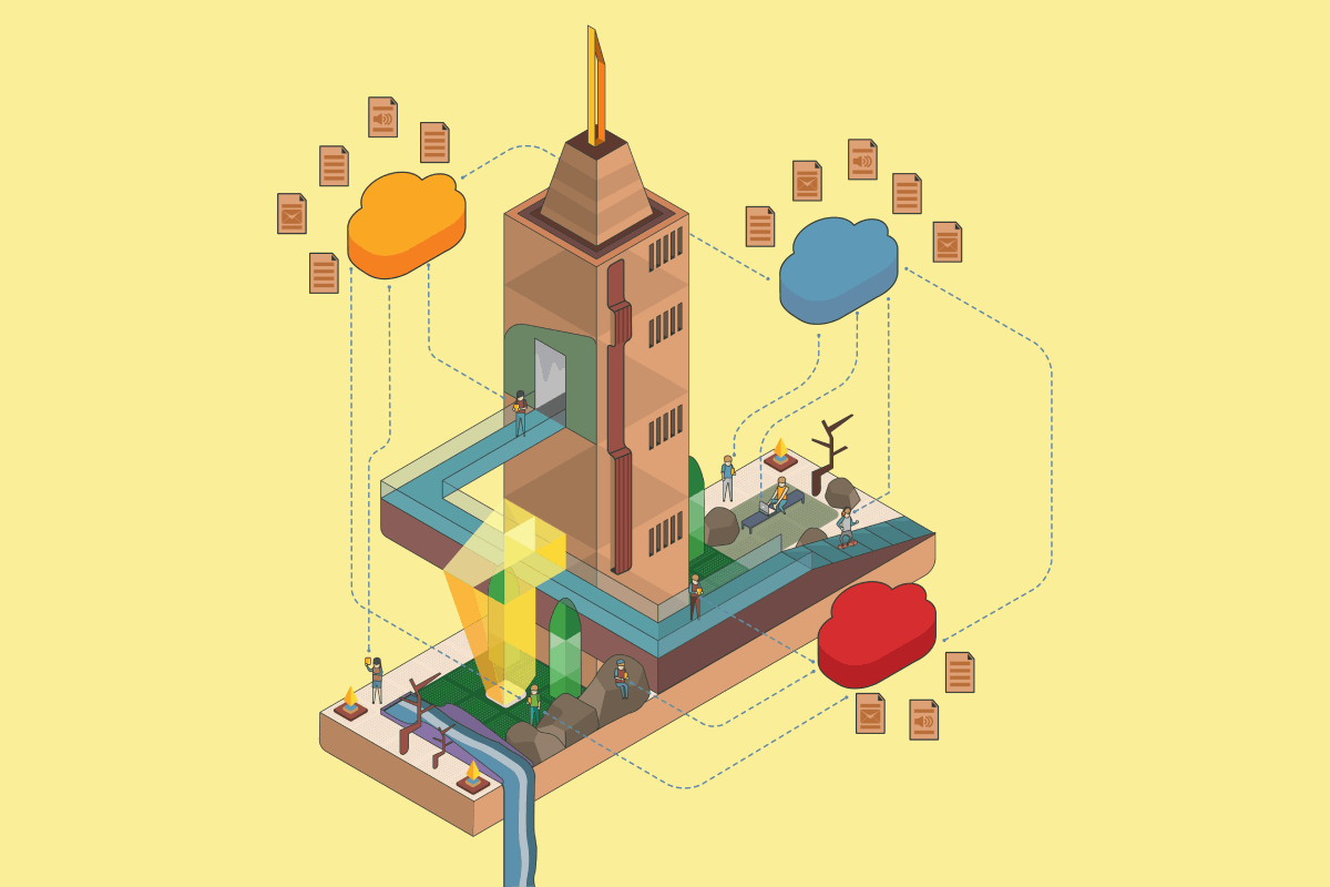Isometric concept illustration of an office building with files transferring to and from nearby clouds