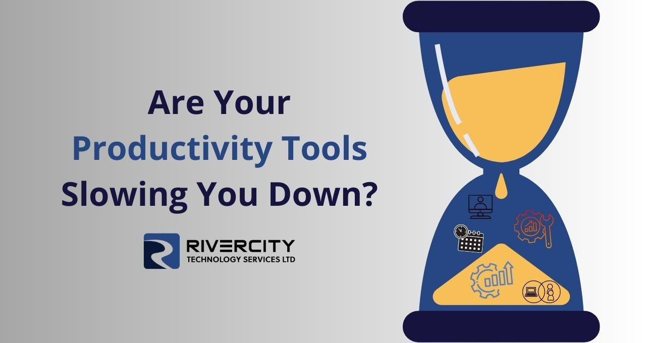 Banner with an illustration of an hourglass and the text "Are your productivity tools slowing you down?"